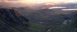 Preview wallpaper valley, stream, mountains, slopes, clouds