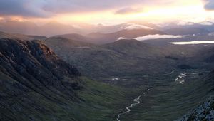 Preview wallpaper valley, stream, mountains, slopes, clouds