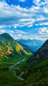 Preview wallpaper valley, stream, mountains, grass, landscape