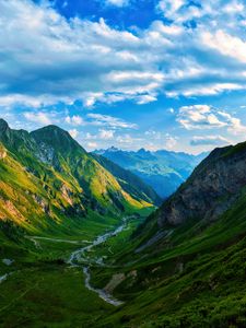 Preview wallpaper valley, stream, mountains, grass, landscape