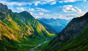 Preview wallpaper valley, stream, mountains, grass, landscape