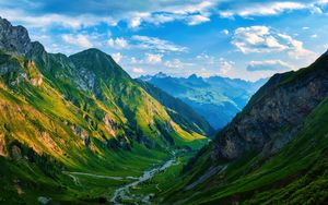 Preview wallpaper valley, stream, mountains, grass, landscape