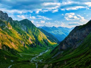 Preview wallpaper valley, stream, mountains, grass, landscape