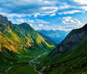 Preview wallpaper valley, stream, mountains, grass, landscape