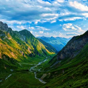 Preview wallpaper valley, stream, mountains, grass, landscape