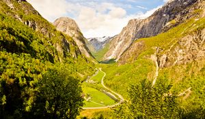 Preview wallpaper valley, trail, mountains, trees