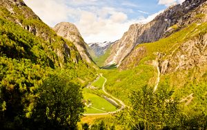 Preview wallpaper valley, trail, mountains, trees