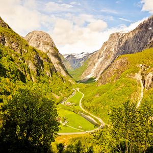 Preview wallpaper valley, trail, mountains, trees