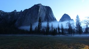 Preview wallpaper valley, trees, fog, mountain