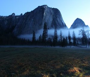 Preview wallpaper valley, trees, fog, mountain