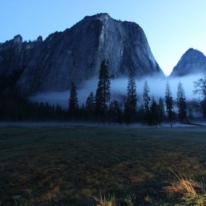 Preview wallpaper valley, trees, fog, mountain