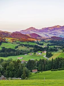 Preview wallpaper valley, trees, grass, houses, mountains