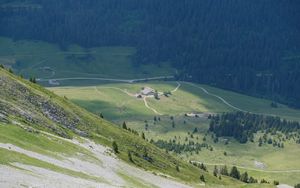 Preview wallpaper valley, trees, grass, mountains, slopes, landscape