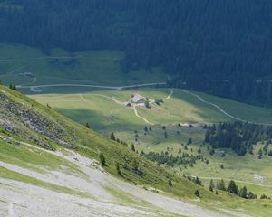 Preview wallpaper valley, trees, grass, mountains, slopes, landscape