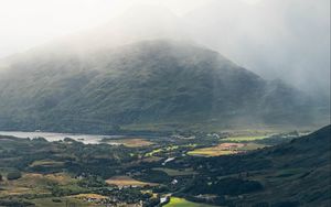 Preview wallpaper valley, trees, houses, mountains, fog