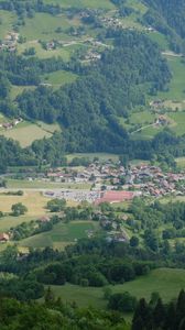 Preview wallpaper valley, trees, houses, aerial view