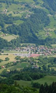 Preview wallpaper valley, trees, houses, aerial view