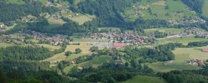 Preview wallpaper valley, trees, houses, aerial view