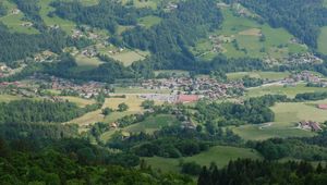 Preview wallpaper valley, trees, houses, aerial view