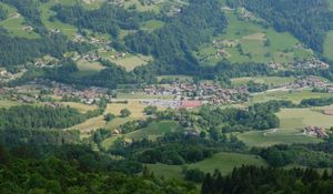 Preview wallpaper valley, trees, houses, aerial view