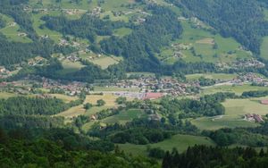 Preview wallpaper valley, trees, houses, aerial view