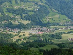 Preview wallpaper valley, trees, houses, aerial view