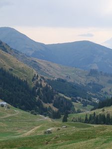 Preview wallpaper valley, trees, mountains, hills, nature