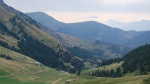 Preview wallpaper valley, trees, mountains, hills, nature