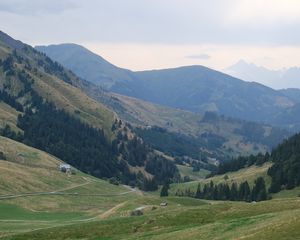 Preview wallpaper valley, trees, mountains, hills, nature