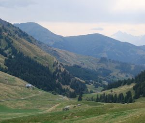 Preview wallpaper valley, trees, mountains, hills, nature