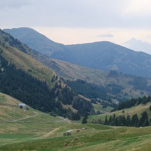 Preview wallpaper valley, trees, mountains, hills, nature