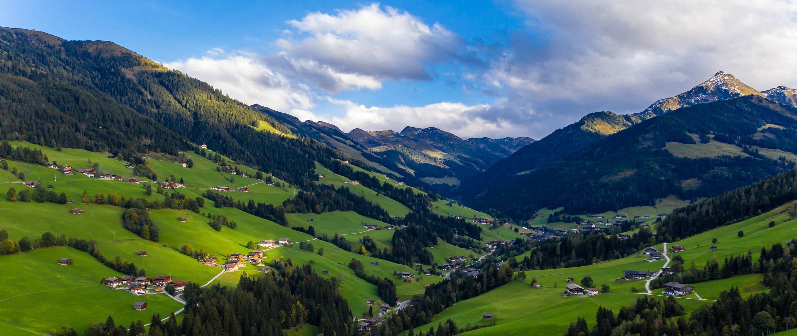 Download wallpaper 2560x1080 valley, trees, mountains, distance dual