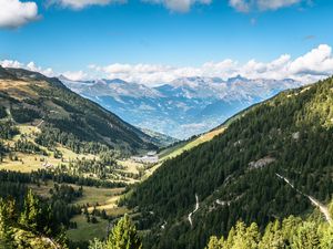 Preview wallpaper valley, trees, mountains, landscape