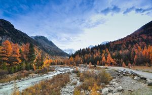 Preview wallpaper valley, trees, mountains, river