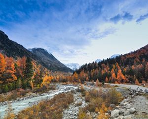 Preview wallpaper valley, trees, mountains, river