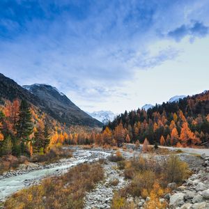 Preview wallpaper valley, trees, mountains, river