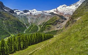 Preview wallpaper valley, trees, mountains, slope, landscape