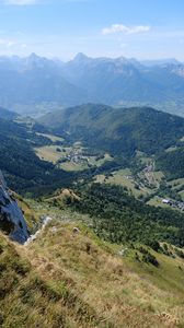 Preview wallpaper valley, trees, mountains, slope, grass