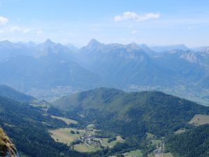 Preview wallpaper valley, trees, mountains, slope, grass