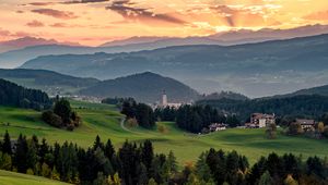 Preview wallpaper valley, trees, mountains, chapel