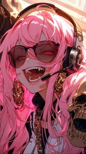 Preview wallpaper vampire, sunglasses, headphones, pink, anime, art