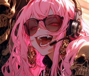 Preview wallpaper vampire, sunglasses, headphones, pink, anime, art