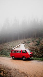 Preview wallpaper van, car, red, fog, nature, travel