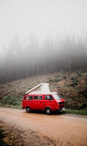 Preview wallpaper van, car, red, fog, nature, travel