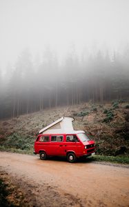 Preview wallpaper van, car, red, fog, nature, travel