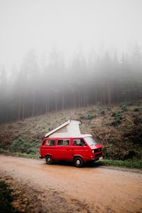 Preview wallpaper van, car, red, fog, nature, travel