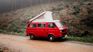 Preview wallpaper van, car, red, fog, nature, travel