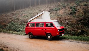 Preview wallpaper van, car, red, fog, nature, travel