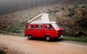 Preview wallpaper van, car, red, fog, nature, travel