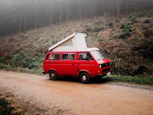 Preview wallpaper van, car, red, fog, nature, travel